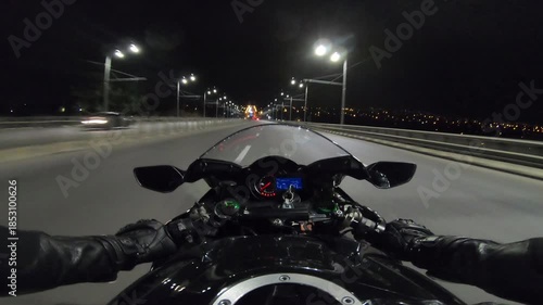 Biker riding a powerful motorcycle through a vibrant city at night, showcasing the thrill of speed and urban exploration with illuminated streets and dynamic motion