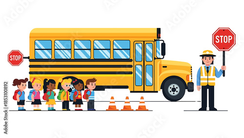 Back to school children waiting for school bus with crossing guard directing traffic for safety
