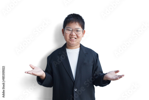 An Asian young businessman is smiling and gesturing with both hands against a white background.