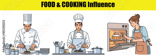 Chefs preparing food and woman taking cake from oven Keywords: chef, cooking, food, kitchen