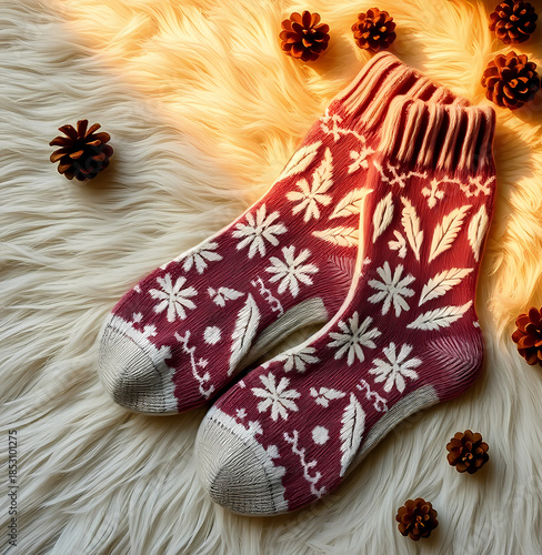 Pair Of Warm Knitted Socks On A Soft Plush Furry Surface Perfect For Winter Season