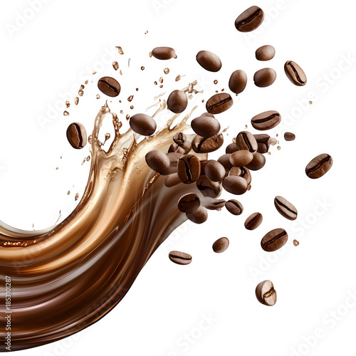 Coffee Splash with Flying Roasted Beans isolated on transparent background 