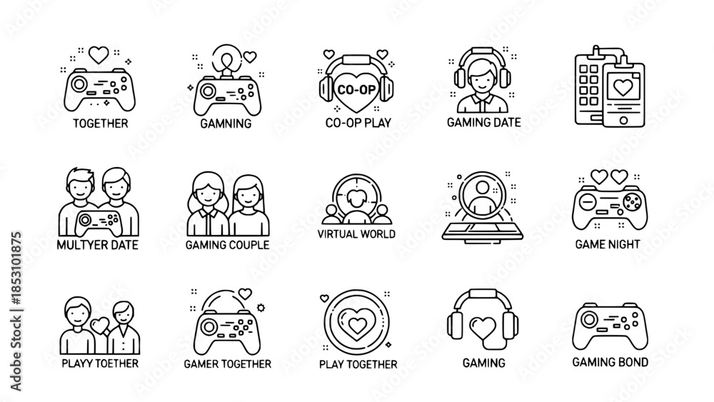 Fototapeta premium Gaming related love icons depict bonding or playing together or virtual interaction scenes showing romance and connection or gaming lovers interacting during valentines day.
