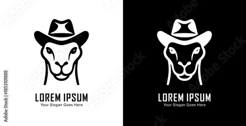 Logo design in the form of a camel head wearing a cowboy hat with a front view