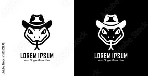 Logo design in the form of a snake head wearing a cowboy hat with a front view