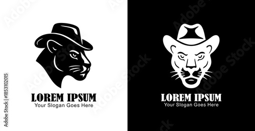 Logo design in the form of a panther's head wearing a cowboy hat with side and front views