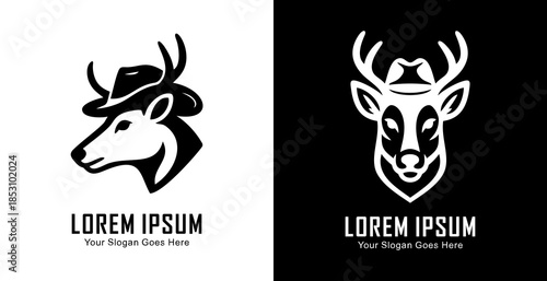 Logo design in the form of a deer head wearing a cowboy hat with side and front views