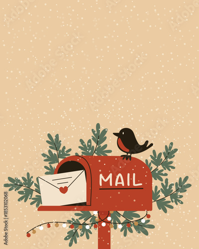 Christmas mailbox with letter and bird on snowy background vector illustration.