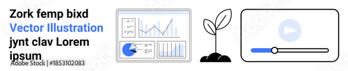 Data charts with graphs and pie chart, sprouting plant in soil, and video player interface. Ideal for technology, sustainability, education, business, analytics multimedia digital content. Perfect