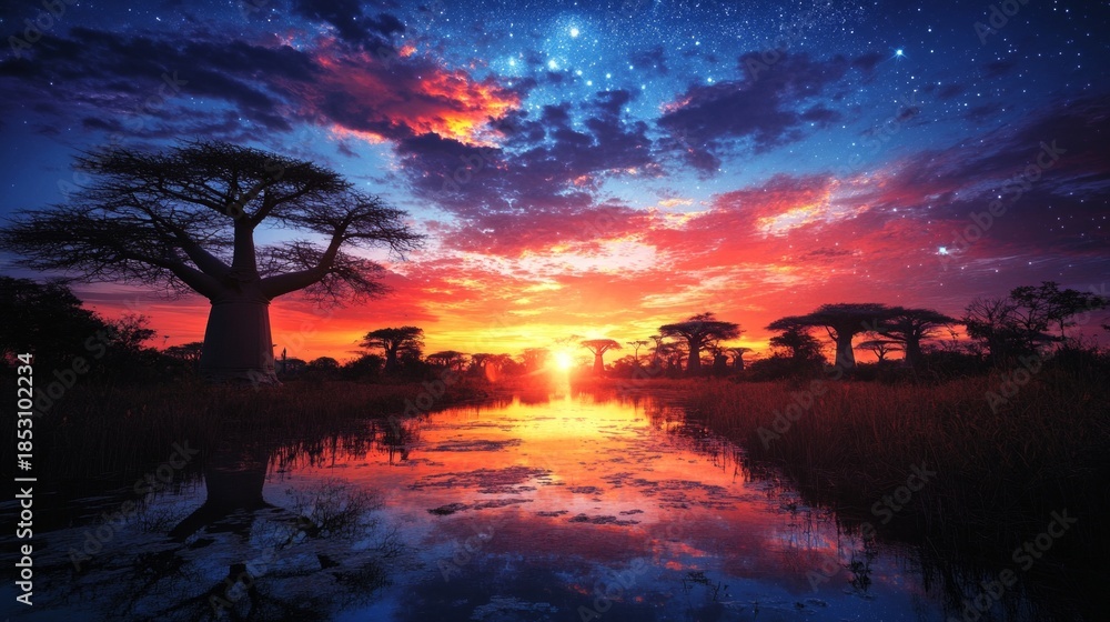 Obraz premium The sunset over the savannah with baobab trees and a pond reflecting the colours of the sky emphasises the harmony of nature 