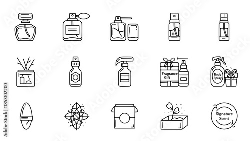 Outline beauty products display various scents in simplistic drawing or perfume bottles compose cosmetic collection in minimal style