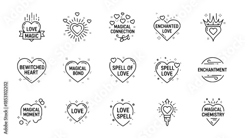 Magical heart icons decorate emblems in valentine love theme or enchanted heart icons represent romance love theme