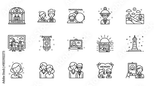 Romantic couple icons depict memories creation in various scenes or memorable photos capture happy moments in linear style