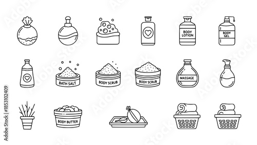 Spa products icons display various beauty treatments in a collection or outline spa icons present skincare items for health and wellness