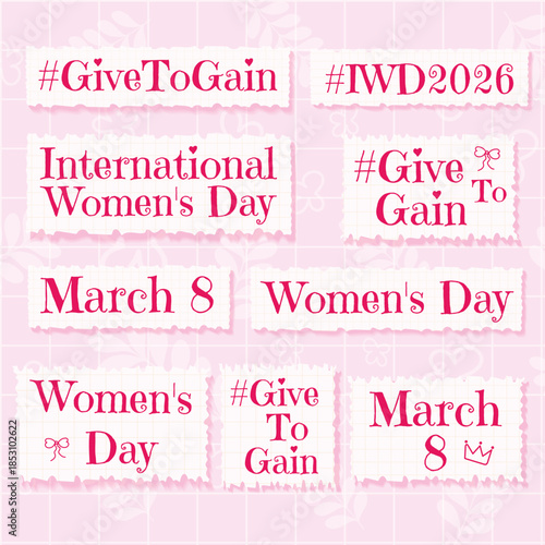 pink typography set for International Womens Day greeting cards.