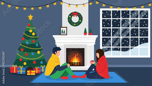 Romantic Christmas Eve indoors: couple enjoying a warm fireplace and festive decorations, watching the snow fall outside, ideal for holiday cards and winter stories.