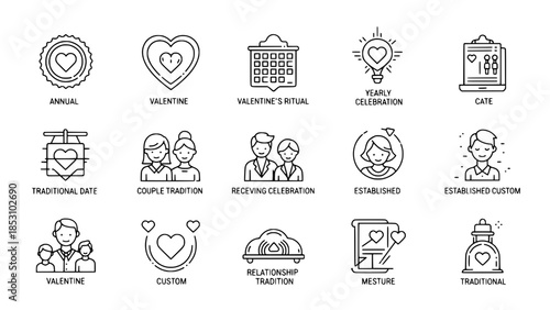 Valentine icons depict romantic traditions celebrating love or collection of valentine day outline icons display celebration rituals
