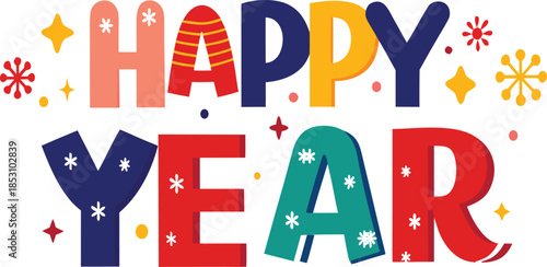 Colorful happy new year greeting with fireworks and snowflakes