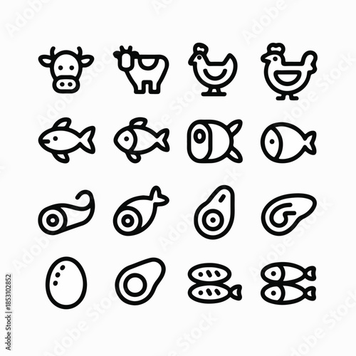 Farm & Food Outline Icon Set (Meat, Fish, Eggs) Monoline