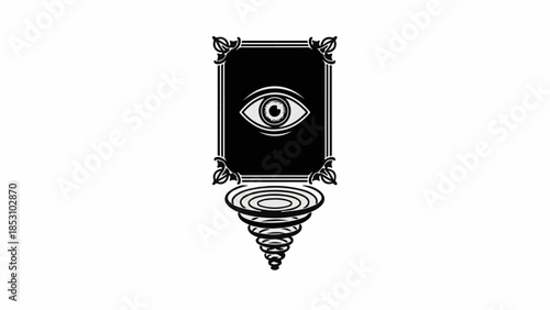 Mystical eye emblem with ornate frame and swirling vortex below, symbolizing insight and vision