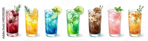 Panel kuchenny z motywem Trendy healthy watercolor drinks set: Sleepy Girl Mocktail, Golden Recovery, Blue Lagoon, Green Drop, Mushroom Cocoa, Pink Electrolyte, Spiced Kombucha, isolated on white
