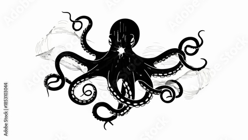 Mysterious black octopus with swirling tentacles and ethereal sea mist