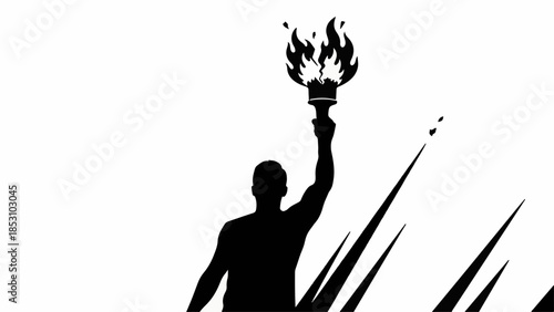 Silhouette of a person holding a flaming torch high, symbolizing hope and achievement against a bright background.