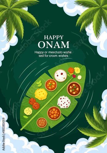 Happy Onam festival celebration meal served on banana leaf with traditional Kerala cuisine and palm trees surrounding