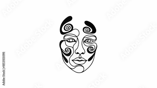 Abstract line art portrait of a thoughtful face with swirling patterns