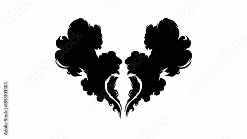 Symmetrical black abstract heart shape formed by swirling smoke or ink on a white background