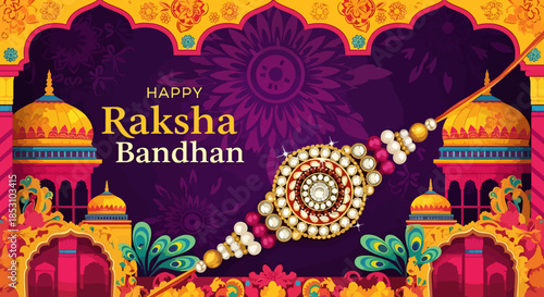 Happy Raksha Bandhan decorative illustration with traditional Indian architectural elements and a Rakhi bracelet