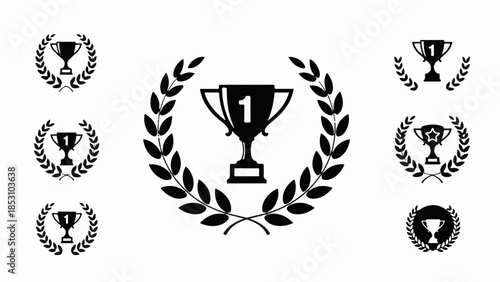 Collection of victory trophies and laurel wreaths symbolizing achievement and success