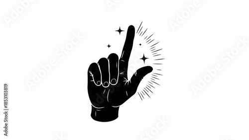 Mystical hand gesture pointing upwards with magical sparkles and radiating light