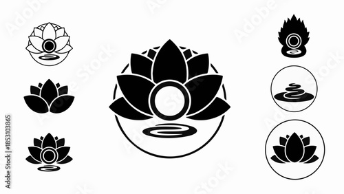 Serene lotus flowers and balanced stones create a tranquil meditation and wellness icon set.