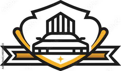 Shield logo with hockey sticks and a building silhouette