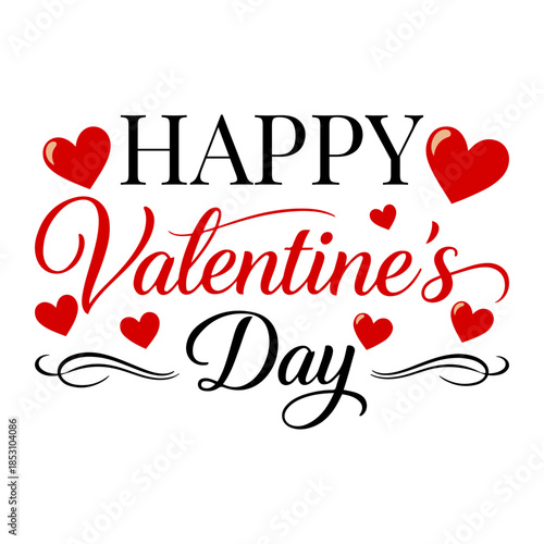 Happy Valentine’s Day Romantic Typography T-Shirt Design with Red Hearts, Love Script Lettering, Cute Festive February Celebration Graphic Tee