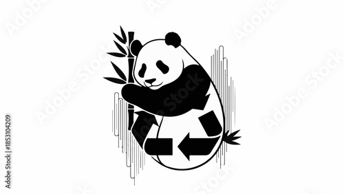 Panda embracing bamboo with recycling symbol, symbolizing conservation and sustainability