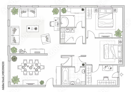 Interior Design Floor Plan of a Modern Apartment with Living Room Dining Room and Bedrooms