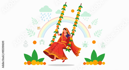 Indian Woman in Red Saree Enjoying a Swing Decorated with Marigolds and Leaves Amidst a Rainbow and Rain Clouds