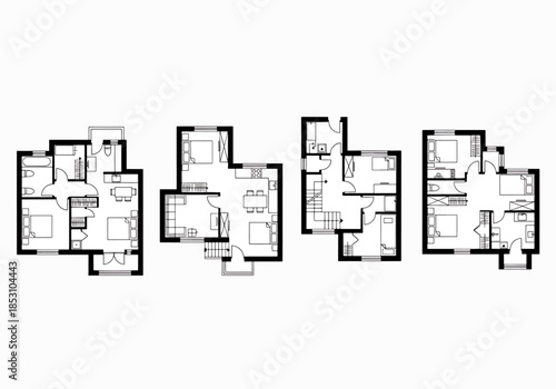 Floor Plans Set Four Different House Layouts With Rooms Furniture And Doors For Real Estate Architecture