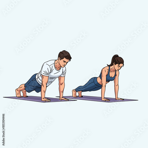 Fit Man and Woman Performing Push-Ups on Yoga Mats Demonstrating a Healthy Lifestyle and Active Workout Together