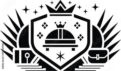 Golden crown shield with domed building and decorations