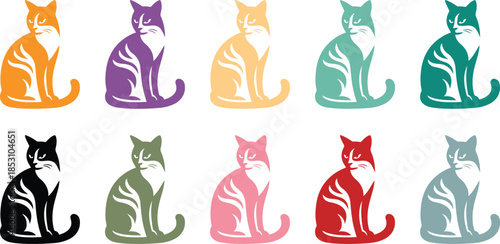 Sitting cat silhouettes with varied colors and expressions, Colorful cat silhouettes expressive set