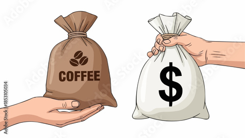 Hands exchanging coffee and money bags for business transaction