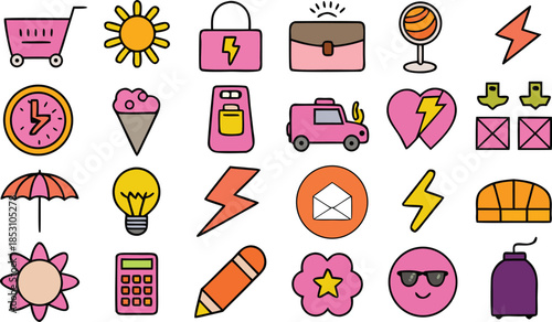 Colorful cartoon icons representing various everyday objects and symbols