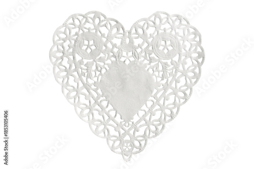 Lacy paper table mat in the shape of a heart isolated on white or transparent background, valentine's day love doily png cut out