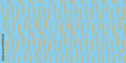 Yellow leaves seamless horizontal pattern. Golden wheat ears. Autumnal natural texture on a light blue background. Botanical yellow print for textiles, paper, and fabric.