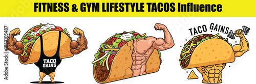 Muscular Tacos with " Taco Gains" Text and Gym Equipment fitness muscle