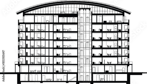 Detailed Architectural Cross-Section Vector of a Multi-Story Office Building Showing Interior Structure, Floors, and Curved Glass Roof.
