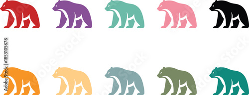 Walking bear silhouettes in various colors, Colorful bear animal silhouettes in motion